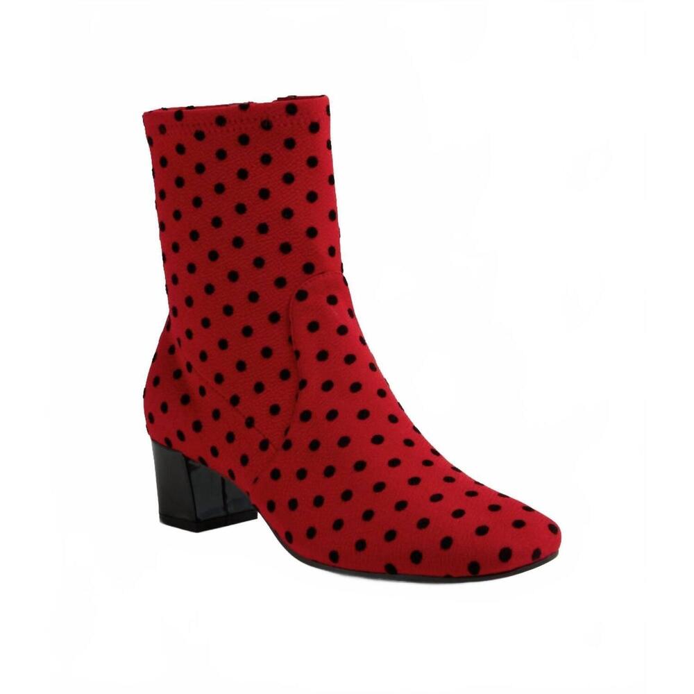 NEW DJANGO & JULIETTE women's hartful heeled boots in red spot stretch fabric